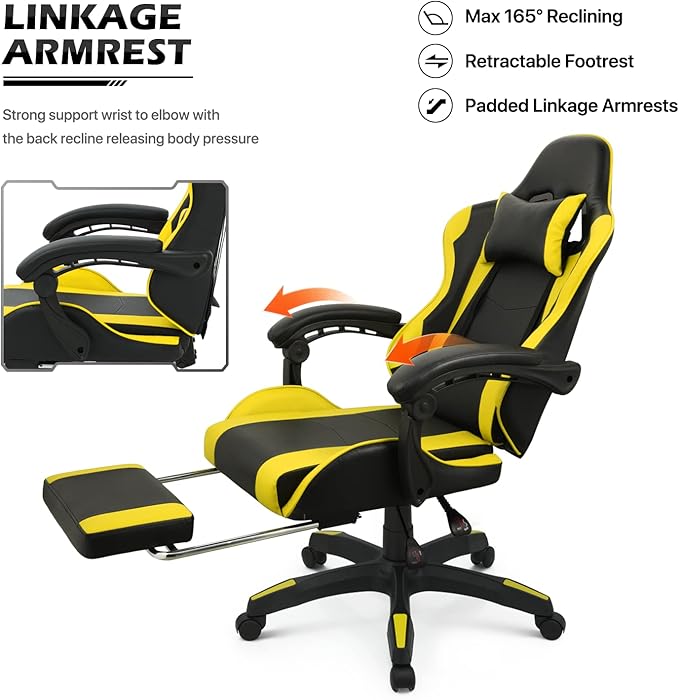 MoNiBloom Gaming Chair Office Chair Leather High Back Computer Chair with Headrest and Lumbar Support 360° Swivel Ergonomic Footrest Adjustable Gamer Chair for Adult Teen Home Office Using Yellow