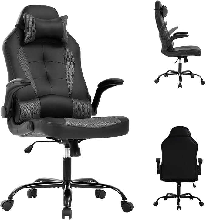 Adult Game Chair with Lumbar Support Racing Style Big and Tall - Ergonomic PU Leather Office Gaming Chair - Grey
