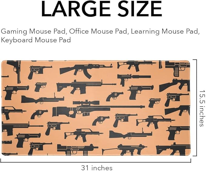 Tons of Guns Pattern Large Gaming Mouse Pad Desk Mat with Stitched Edges Non-Slip Base for Gamer Home and Office