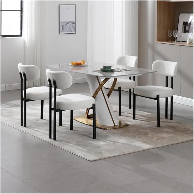 Adjustable Office Computer Chair with Armrest 1pcs Linen Beige Upholstered No Armrests Dining Chairs with Black Metal Legs Curved Backrest