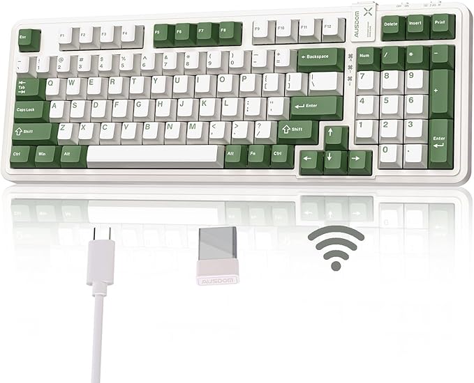 AUSDOM 98Pro Wireless Mechanical Keyboard Tri-Mode BT/2.4GHz/USB-C Hot Swappable Custom Gaming Keyboard with Backlit Gasket Structure Linear Switches for Windows/Mac/PC (Green&ampWhite 97keys)