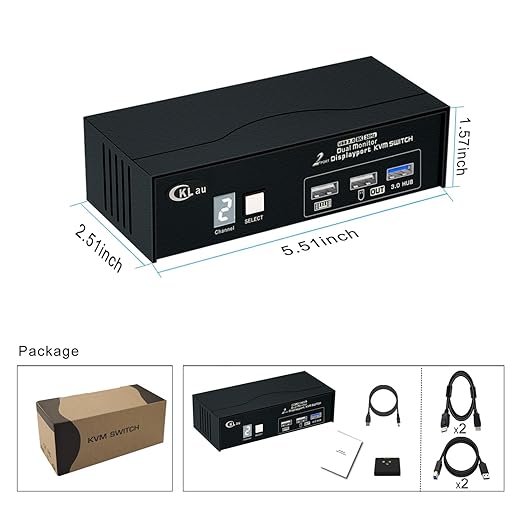 CKLau USB 3.0 Dual Monitor KVM Displayport 1.4 8K30Hz 4K144Hz 2 Monitors 2 Computers Peripheral Sharing Switcher Box with Cables Wired Remote Digital Display