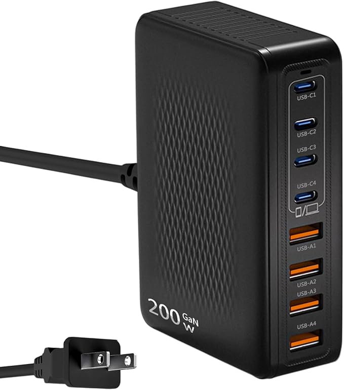 200W USB C Charger BlockUpgraded GaN III 8-Port Fast Charging Station HubPD 65W Laptop Charger Adapter Compatible with MacBook Pro/AirDELLSteam DeckiPhone 16/15/14Galaxy S23/22 etc (Black)