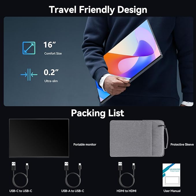 Portable Monitor Touchscreen 16 Inch 1200P Metal Ultra-Thin Portable Display with Leather case and Travel Bag Display HDMI USB C External Display Suitable for Laptop Xbox Switch