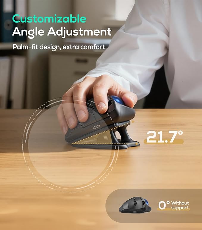 Nulea M511 Wireless Trackball Mouse Rechargeable Ergonomic Thumb-Control Mouse with Tilt Stand Smooth &amp Precision Tracking 3 Device Connection (Bluetooth or USB Receiver) for PC/Mac/Laptop-Blu