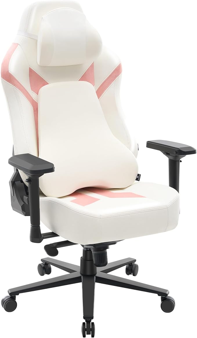 Ergonomic Gaming Chair Computer Desk Chairs 4D Armrests High Back Office Chair with Headrest &amp Lumbar Pillow Tilt Rocker Recliner Heavy-Duty Base White PU Leather &amp Pink Suede Comb