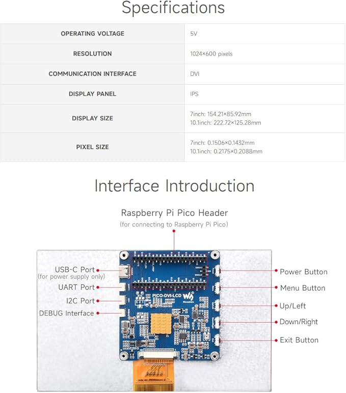 Waveshare 7inch DVI Display Module for Raspberry Pi Pico IPS Panel 1024×600 Pixel DVI Interface Communication