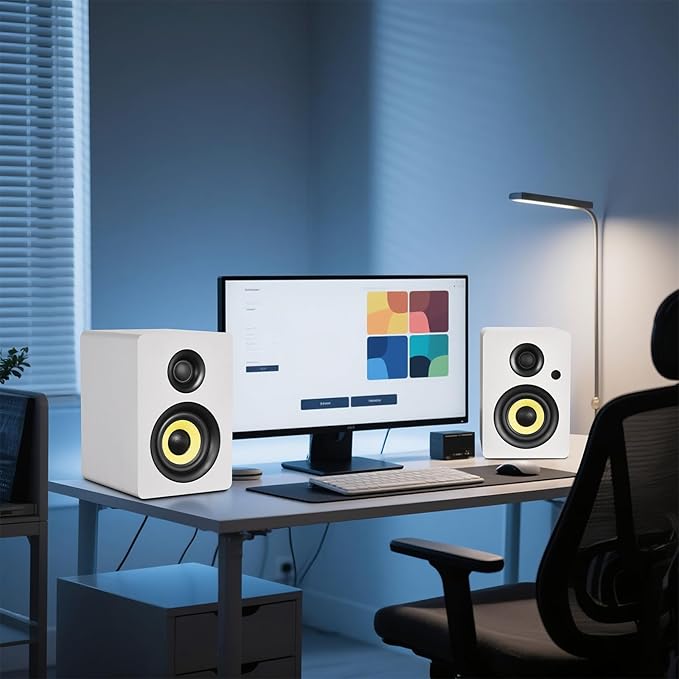 Sanyun SW206 4” HiFi Bookshelf Speakers with Studio Mode 80W Active Bluetooth 5.4/Optical/Coaxial/TRS/Aux/24bit DAC USB for Turntable TV PC Desktop MDF Cabinet Remote Control White