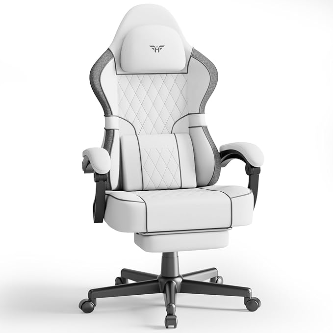Ferghana Breathable Fabric Ergonomic Gaming Chair with Footrest and Linkage Armrest High Back Computer Game Chair with Massage Lumbar Support for Adult(White)