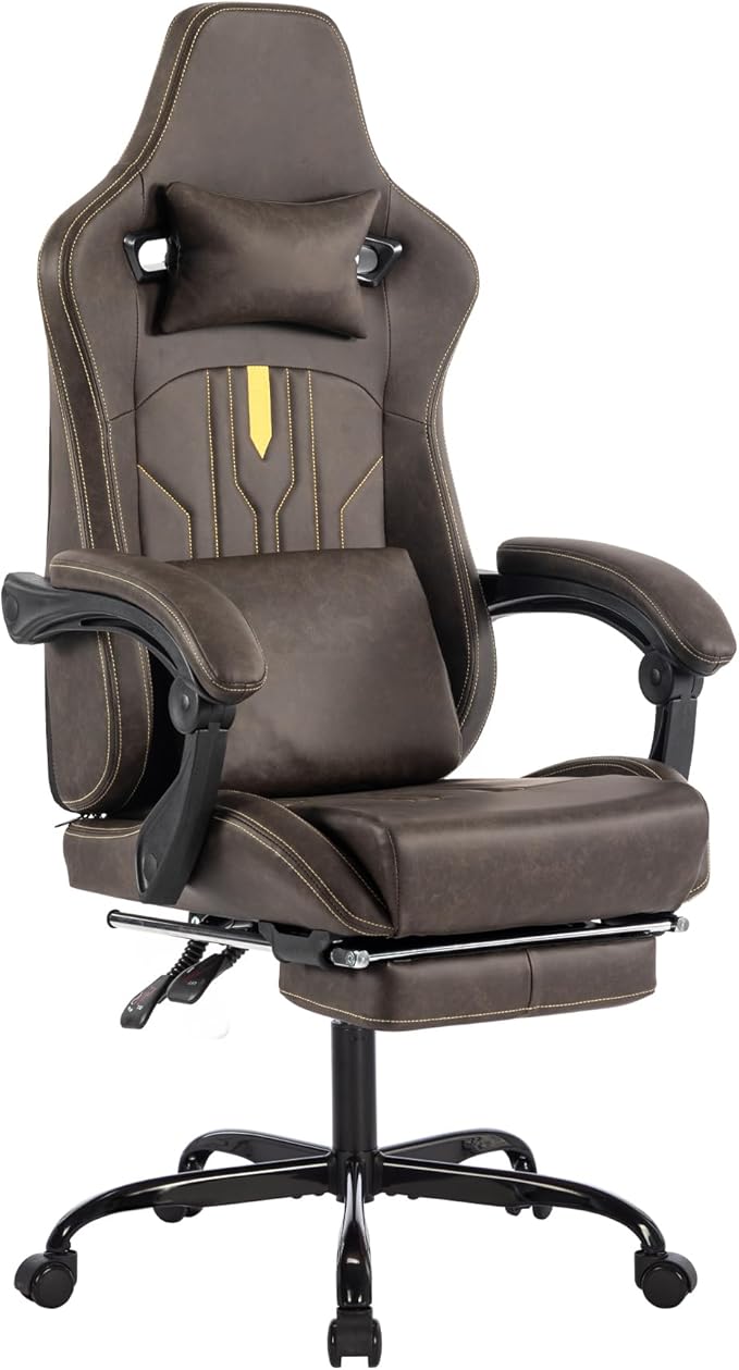 UNITED FLAMES Gaming Chair Video Game Chair with Massage Lumbar Support and High Back Recliner Height Adjustable Gaming Computer Chair with Footrest for Office or Gaming (Brown)