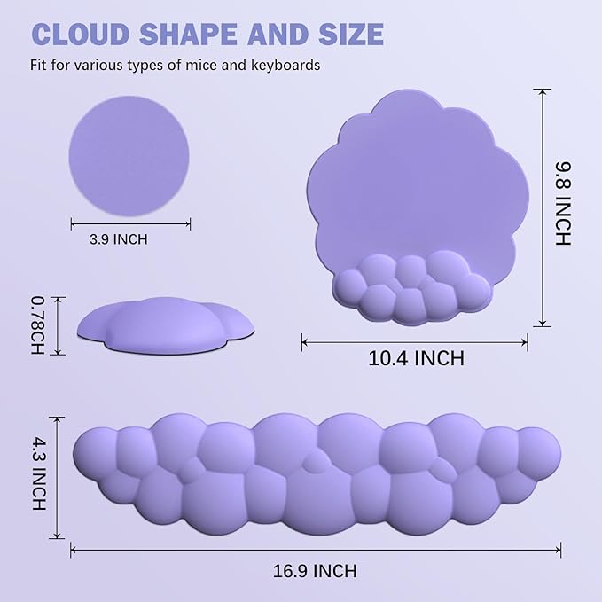 Cloud Keyboard Wrist Rest and Mouse Pad with Wrist Support Set Ergonomic PU Leather Mousepad Pain Relief Memory Foam Non-Slip for ComputerLaptopLavender Purple