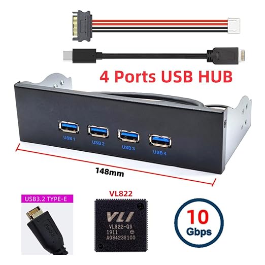 ChenYang 4 Ports USB 3.1 Type E Front Panel Header to 4 USB 3.0 Hub Port Multiplier Adapter with SATA Power Cable for 5.25 Inch Optical Drive Bay Panel