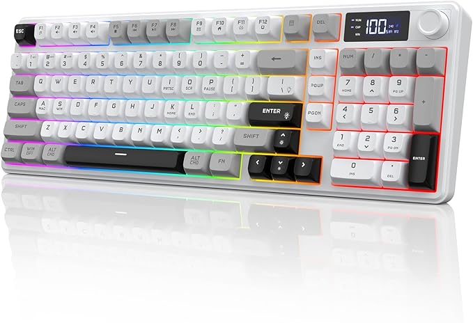 Wireless Gaming Keyboard with Smart Display &amp Knob Control Tri-Mode BT5.0/2.4GHz/Wired RGB Backlit Computer Keyboards with Number Pad 26-Key Rollover Compatible for Windows Mac