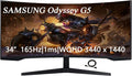 Samsung 34 Odyssey G5 Series WQHD Gaming Monitor FreeSync Premium 1000R UltraWide Curved 165Hz 1ms Black with GSF HDMI Cable