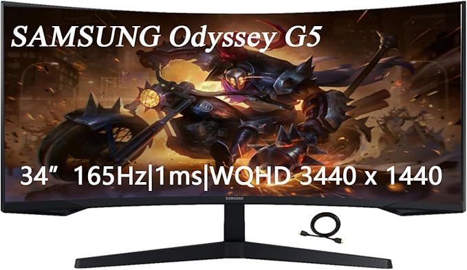 Samsung 34 Odyssey G5 Series WQHD Gaming Monitor FreeSync Premium 1000R UltraWide Curved 165Hz 1ms Black with GSF HDMI Cable