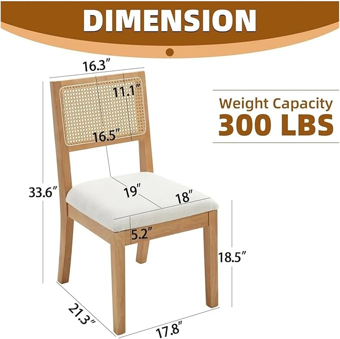 Adjustable Office Computer Chair with Armrest 1pcs Rattan Backrest Dining Chairs with Upholstered Cushion Solid Wood Frame and Legs(White)
