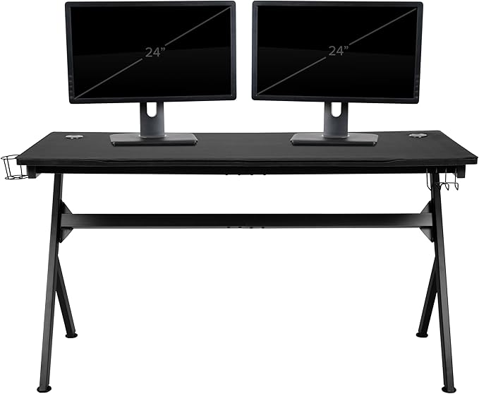 BizChair Gaming Desk and Blue Footrest Reclining Gaming Chair Set - Cup Holder/Headphone Hook/Removable Mouse Pad Top/Wire Management