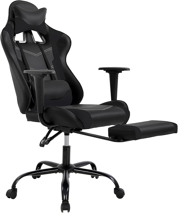 Gaming Chair for Adults - 250lbs Capacity Video Game Chair with Footrest &amp Lumbar Support Ergonomic 360° Swivel Height Adjustable Office Gamer Chair Heavy-Duty PU Leather (Black)