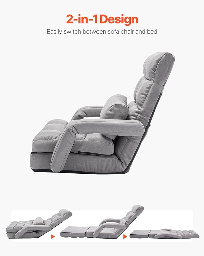 VEVOR Floor Chair Floor Gaming Chair with 5 Adjustable Position and Back Support Folding Sofa Chair with Armrest for Adults Sofa Lounger Bed with Back Cushion for Living Room and Bedroom Gray