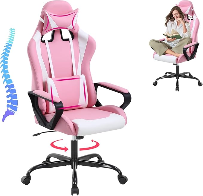 Gaming Chair 188 P Modern Pink Ergonomic High Back PC Computer Gaming Chair with Lumbar Support Adjustable Height 360 Swivel Executive Style PU Leather 300 lb Capacity