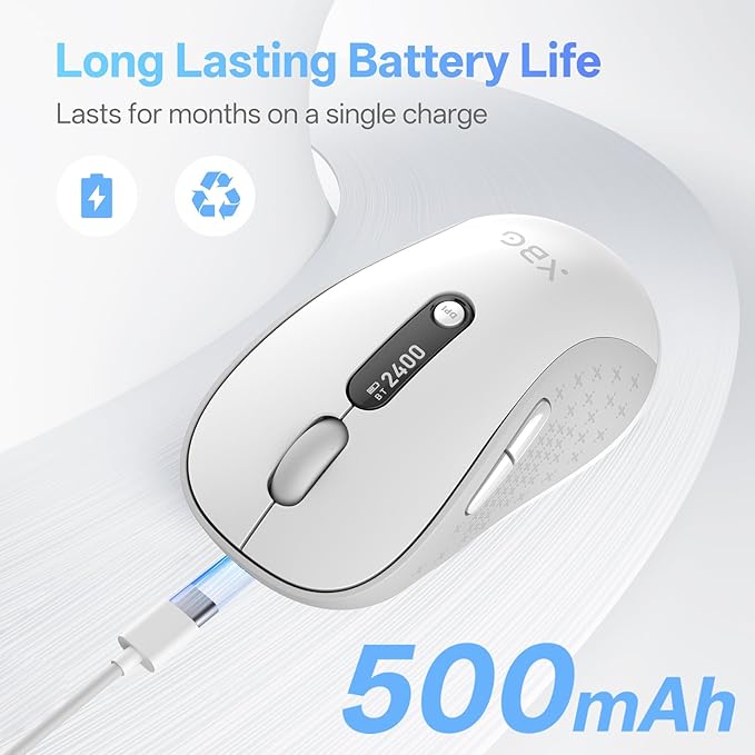 XBG B15pro Wireless Bluetooth Mouse Bluetooth 5.0/4.0 &amp 2.4G Tri-Mode Type-C Rechargeable with LED Screen Display Ergonomic Silent Click for Laptop/PC/Tablet Multi-Device &amp Office Use-Whit
