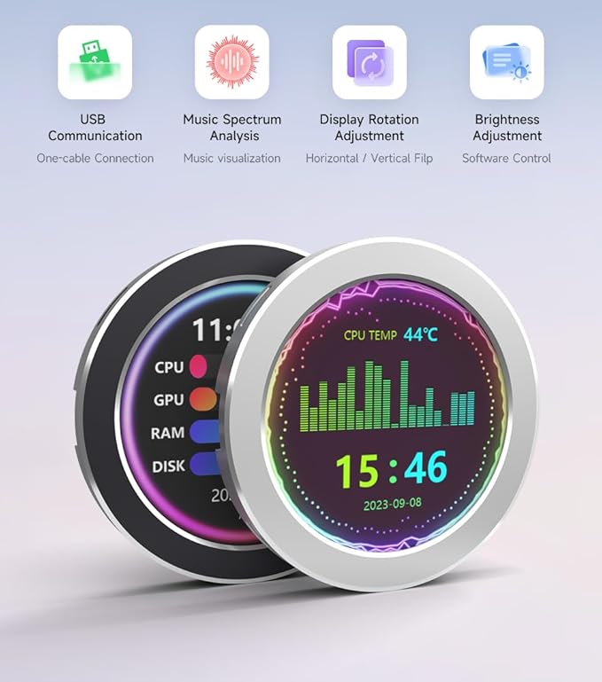 2.8inch USB Monitor Water Cooler Screen PC Case Secondary Screen Desktop RGB Ambient Screen 480x480 Resolution IPS PanelSupports Music Spectrum Analysis Function Dynamic Theme Editor Silver