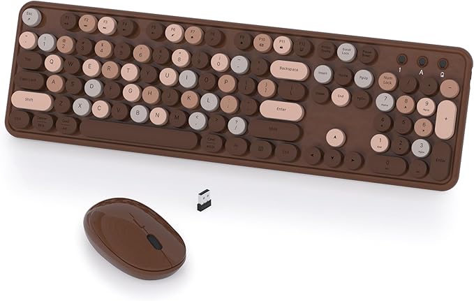 Colorful Wireless Keyboard and Mouse Combo COVEVA 2.4GHz Wireless Retro Cute Round Keycaps Keyboard 104 Keys Full-Sized Keyboard Mouse Set with Switch Button for PC Laptop Desktop (Brown Colorful)