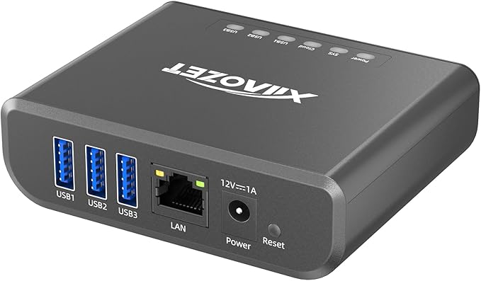 LK301E Gigabit USB Device Server - 3-Port USB Over IP Sharing Hub for LAN Gigabit Ethernet USB Server Compatible with Printers Scanners Dongles