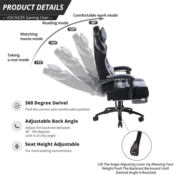 Swivel Gaming Chair Computer Chair with Footrest and Lumbar Support Ergonomic Comfortable Office Chair for Adults Height Adjustable Reclining Chairs for Office Gaming Lounge (Grey)