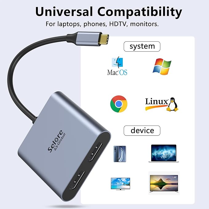 USB-C to Dual 4K DisplayPort Splitter Adapter USB-C to DisplayPort Dual Monitor Converter 4K 60Hz USB-C DisplayPort Hub Compatible for Dell XPS 13/15 Lenovo Yoga Samsung Chromebook HP and More