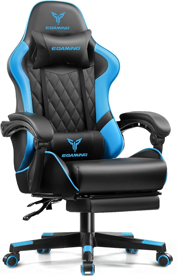 EXRACING Gaming Chair Ergonomic Computer Chair with Footrest and Lumbar Support Height Adjustable High Back Leather Office Chair 360° Swivel with Linked Armrest for Adult and Teen (Blue)