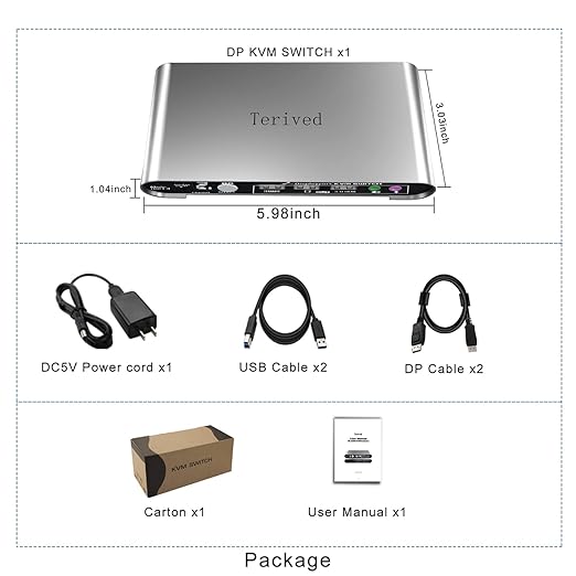 2 Port DP USB 3.0 Automatic KVM Switch Two Computers 1 DisplayPort Monitor switcher 8K@30Hz 4K@144Hz Aluminum hotkey Audio mic Digital Display HDR10 with Cables