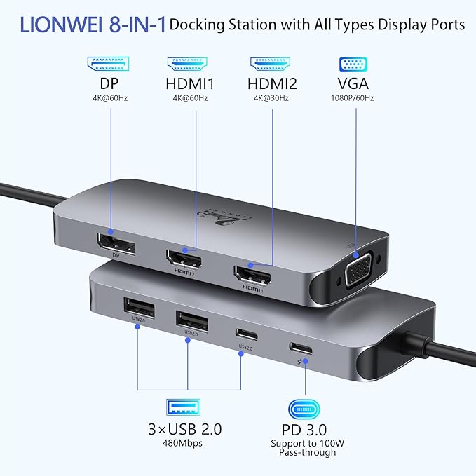 LIONWEI USB C Docking Station Dual Monitor Laptop Docking Station 3 Monitors Quadruple Display with Dual 4K HDMI DP VGA 100W PD 3 USB C/A 2.0 Laptop Dock for Dell Lenovo HP Surface
