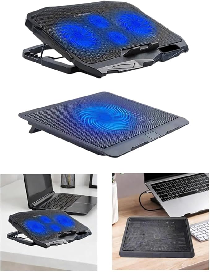 1Pc Laptop Fan Cooling Pad with Big Fans Portable Laptop Cooling Fan with 2 in 1 USB Port Blue LED Light Adjustable Stand Pad(with 4 Fans)
