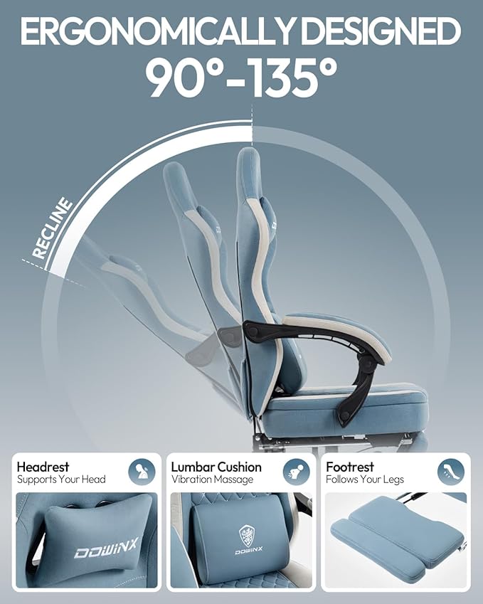 Dowinx Gaming Chair Breathable Fabric Game Chair with Gel Pad and Storage Bag Comfortable Gamer Chair with Pocket Spring Cushion Ergonomic Computer Chair with Footrest Blue and White