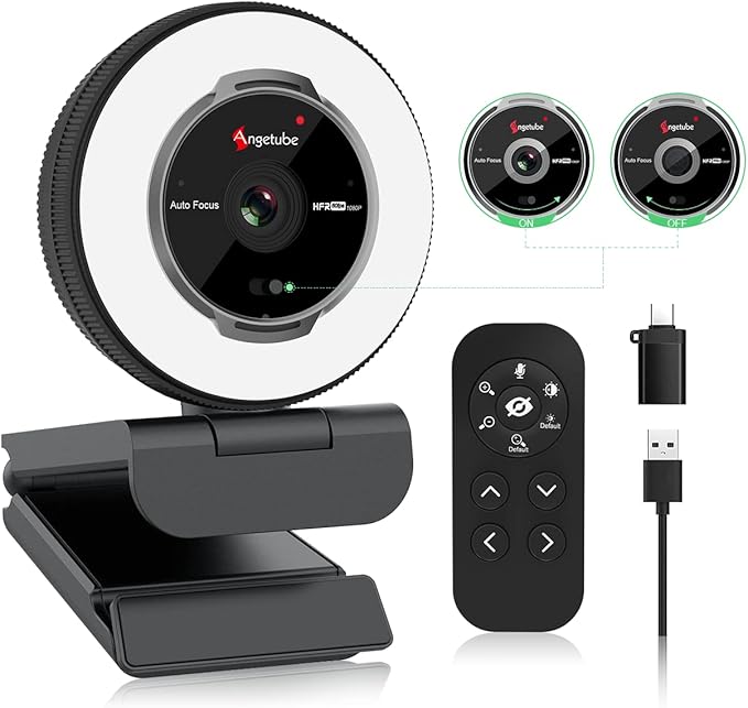 Angetube Streaming Webcam with Microphone: 1080P 60FPS USB Web Cam with Ring Light and Remote Control - HD Web Camera with 5X Digital Zoom Built in Privacy Coverfor PC|Computer|Laptop|Mac|Desktop