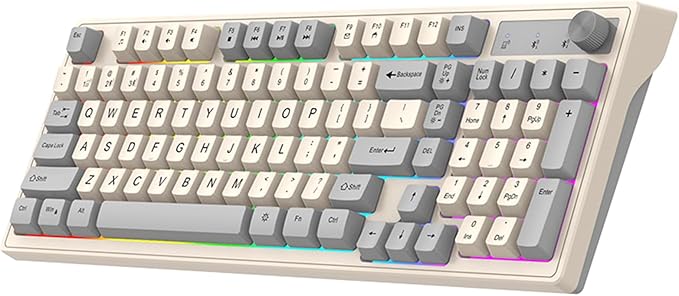 Docooler Gaming Keyboard Dual-Mode BT/2..4GHz Mechanical Keyboard with Backlit Rechargeable Keyboard 98 Keys Wireless Keyboard with Volume Control Knob for Computer Laptop PC - Gray/Blue/Shimmer