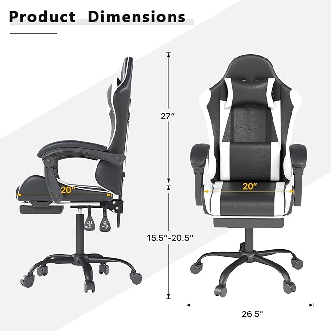 Gaming Chair with Headrest and Lumbar Support Ergonomic High Back Office Chair Racing Style Executive Computer Desk Chair Leather Adjustable Swivel Task Chair for Home Office (White)