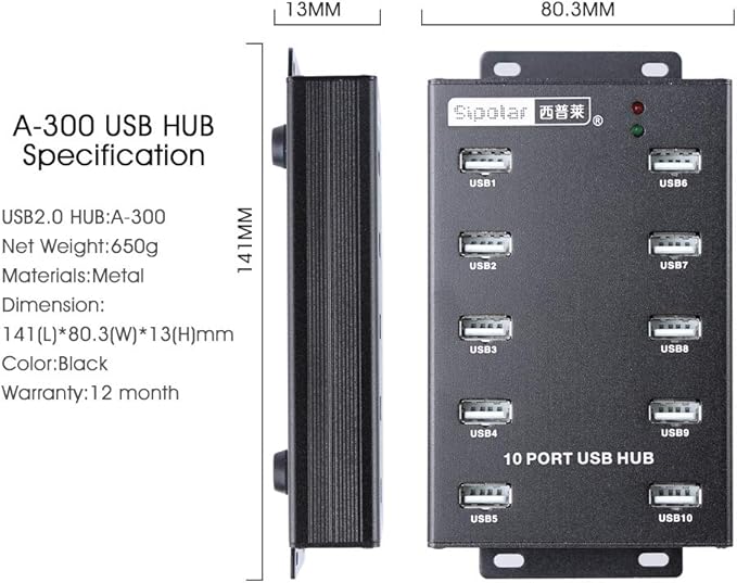 Sipolar-USB Hub- 10 Ports USB Data Hub-Industrial USB Powered Hub - USB 2.0 Hub for Mining Bitcoin Miner