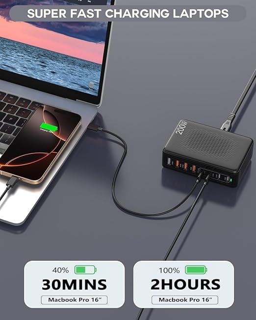 USB C Charger Block 200W 8 Port USB C Charging Station GaN Type C &amp A Charger Fast Charging Desktop Hub PD Block Laptop Adapter for Apple iPhone Air 17 16 15iPad Pro/Air/MiniMacBook Pro/AirGa