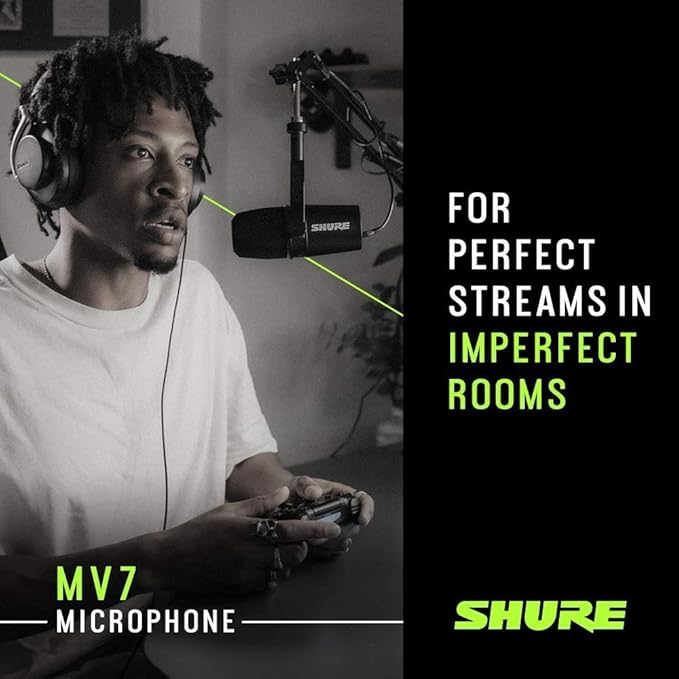 Shure MV7 USB Podcast Microphone for Podcasting Recording Live Streaming &amp Gaming Built-in Headphone Output All Metal USB/XLR Dynamic Mic Voice-Isolating Technology TeamSpeak Certified - Bla
