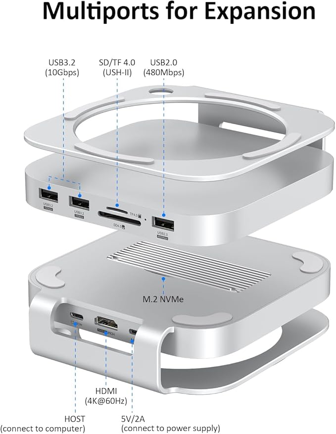 Akyyajaure Mac mini Hub: 10 in 1 Aluminum Stand &amp Dock for Mac mini M4 Pro with M.2 NVMe SSD Enclosure 4K60hz HDMI 10Gbps USB-A*2 SD/TF Card Readers USB 2.0