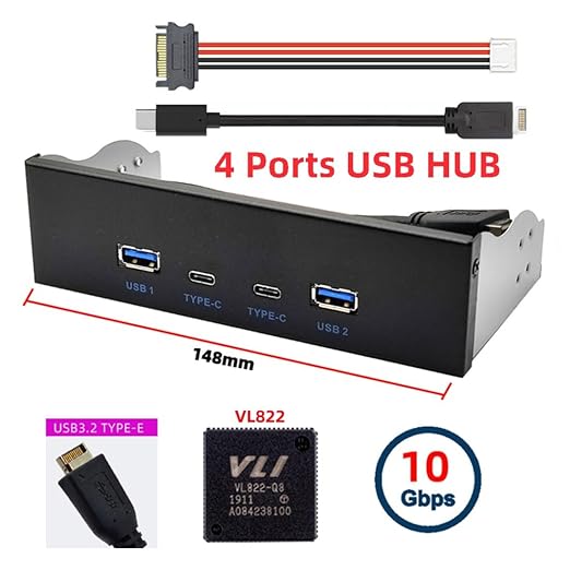 ChenYang 4 Ports USB 3.1 Type E Front Panel Header to 2 USB 3.0 ＆ 2 USB C Hub Port Multiplier Adapter with SATA Power Cable for 5.25 Inch Optical Drive Bay Panel