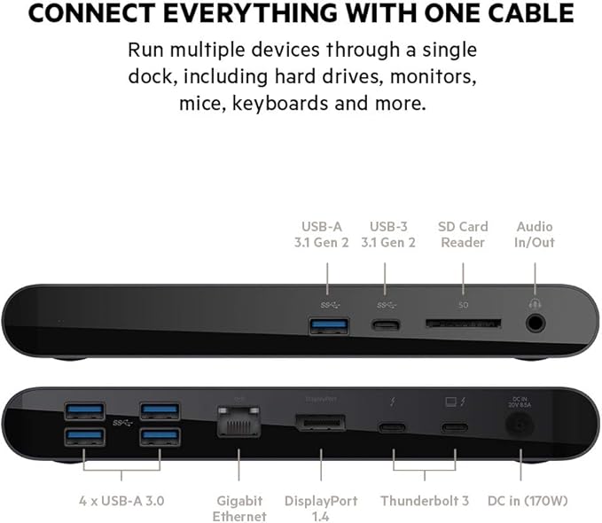 Belkin Thunderbolt 3 Dock Pro w/ Thunderbolt 3 Cable - USB-C Hub - USB-C Docking Station for MacOS &amp Windows Dual 4K @60Hz 40Gbps Transfer Speed 85W Upstream Charging w/ Ethernet SD &amp Aud