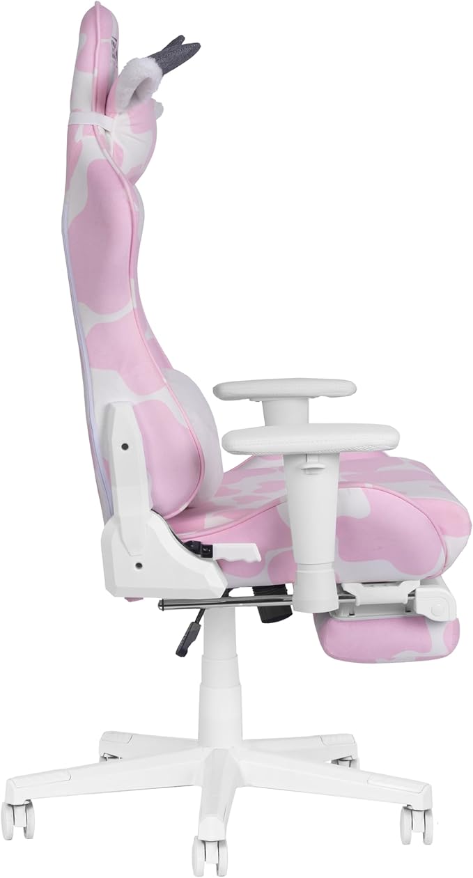 Techni Sport Gaming Chair - Pink Cow Print - Ergonomic Computer Chair with Fold-Away Footrest Memory Foam Lumbar Support Adjustable Armrests Reclining Back Horns &amp Ears Pillow 300 lbs Capaci