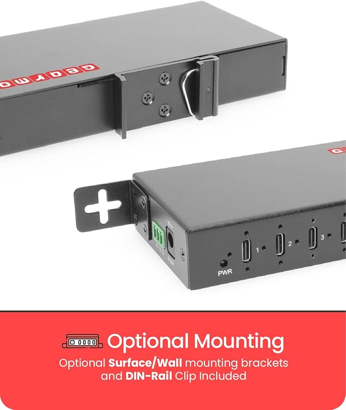 Gearmo 7 Port USB-C Hub - USB 3.2 Gen 2 10Gbps Secure Screw-Locking Ports ESD Protection Surface &amp DIN Mount