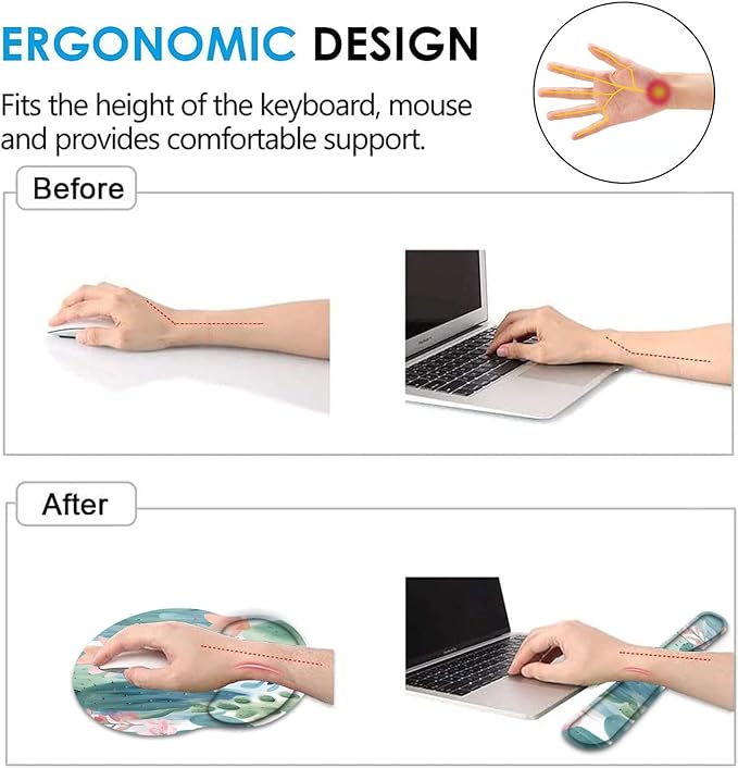 Keyboard Wrist Rest and Mouse Pad Wrist Support Set with CoasterErgonomic Mouse PadComfortable for Easy Typing Pain ReliefMemory Foam Keyboard Pad Set for Laptop MacColorful Cactus