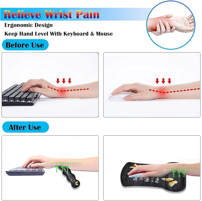 Keyboard Wrist Rest Pad + Wrist Rest Support Mouse Pad + Coaster + Hook Combo Set Ergonomic Relief Wrist Pain Anti-Slip Mouse Pad for Home and Office Stay Positive Work Hard and Make It Happen