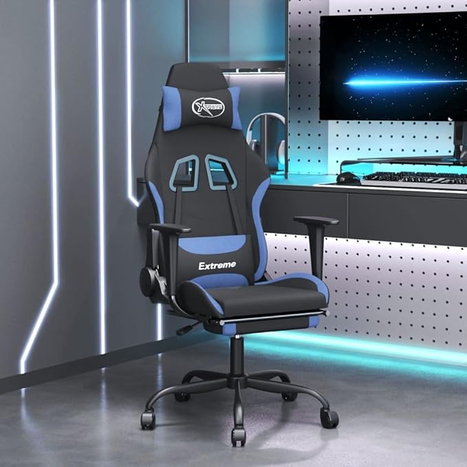 Massage Office Gaming Chair with Footrest Fabric Massage Office Chair Ergonomic Desk Chair Rolling Swivel Adjustable PC Computer Chair for Women Adults Girls(Black&ampBlue)