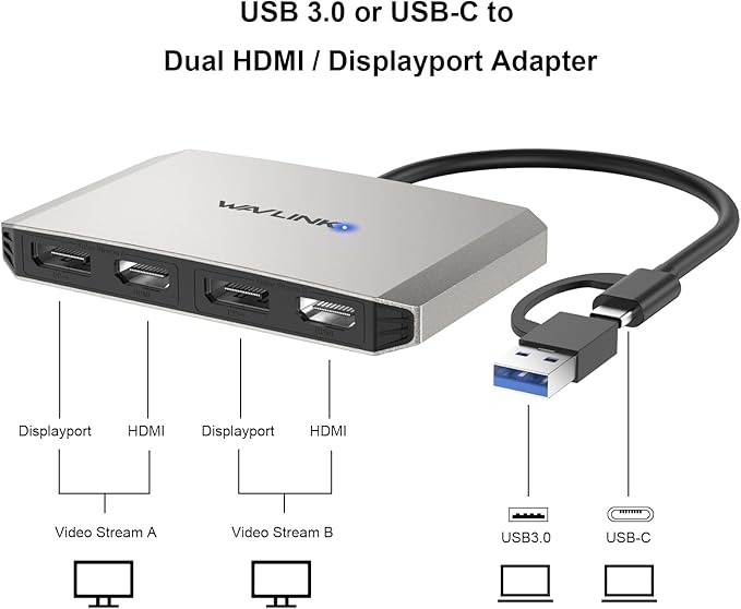 WAVLINK USB C and USB 3.0 to Dual 4K DisplayPort/HDMI Adapter Displaylink Monitor Splitter Extended Display for Dual Monitor 4K@60Hz HDMI/DP Splitter Compatible with Mac M1-M4Window Laptop-Silver